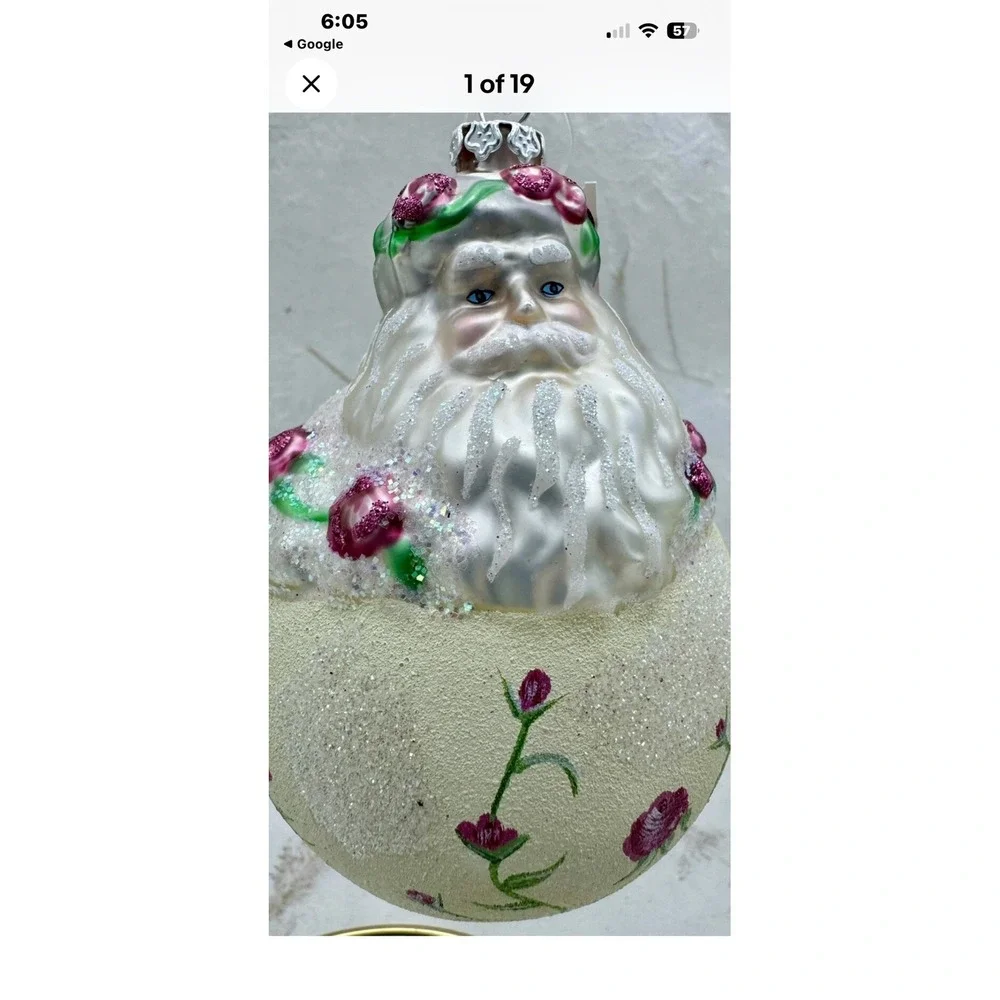 Vintage Hand Painted Glass Santa Claus Floral Rose Garden Christmas Ornamen 4.5